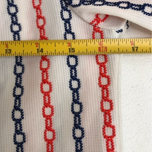 Vintage 70s White Double Knit Orange Blue Chain Stitch Zip Up Top Womens Medium - Picture 8 of 14
